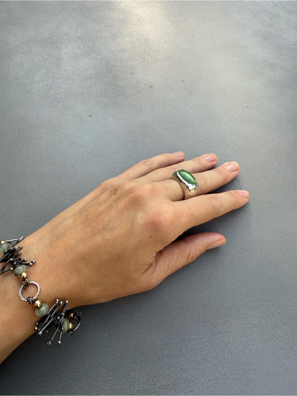 Sterling Silver Statement Ring 925 | Green Glass | Size 9-10 | Artisan Handmade - Picture 3 of 13